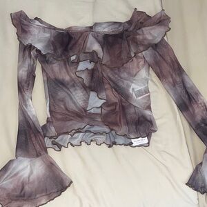 SHEIN Off-Shoulder Ruffle Blouse - Brown and Gray